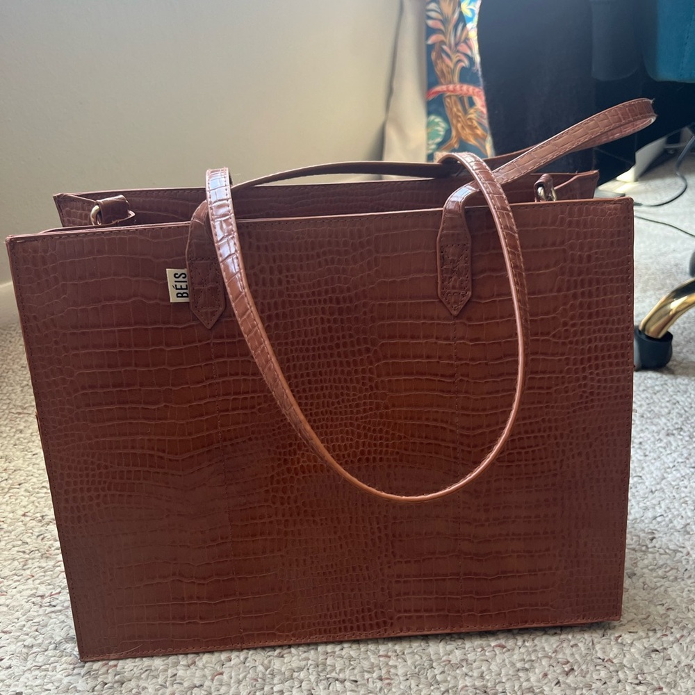 Beis Brown Croc Embossed Tote Bag